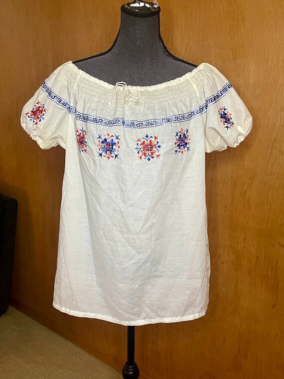 70s Embroidered Smocked Off The Shoulder Boho Blou