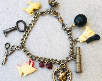 Vintage pocket watch fob multiple charm bracelet