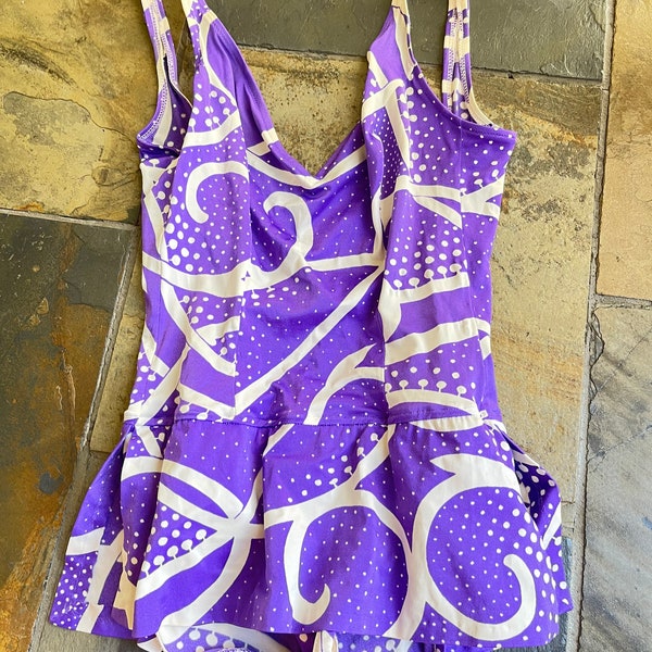 Vintage 80s purple skirted one piece swimsuit M/L