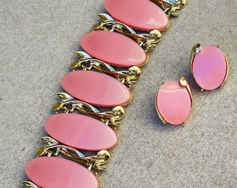 Pulsera Thermoset Pink Moonglow + Pendientes a juego Conjunto de joyas vintage