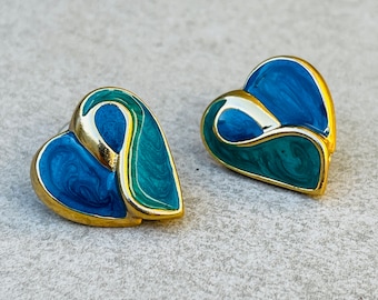 Heart Earrings Blue/Green Cloisonne Vintage Studs