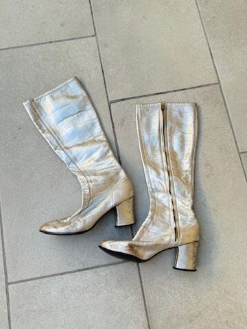 1960s Silver Metallic Leather Gogo Boots Below Knee High