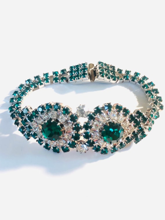 Art Deco Emerald Green Vintage Rhinestone Bracelet - image 2