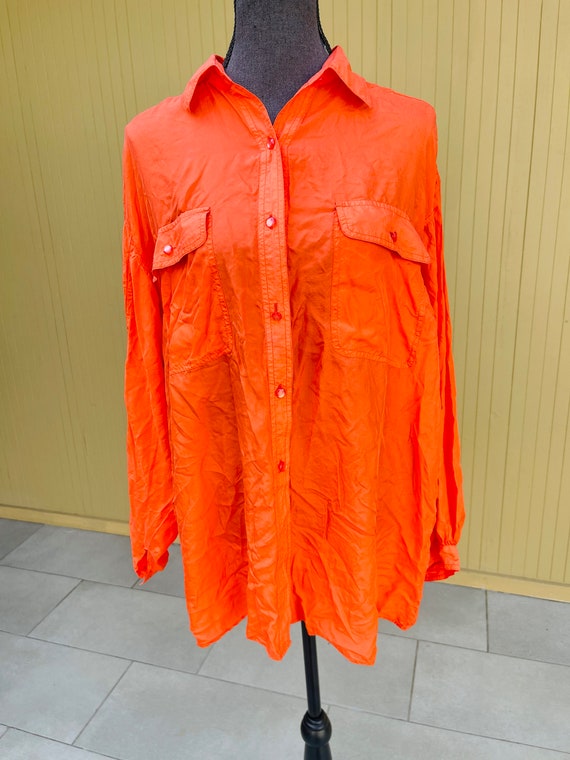 Silk Orange Oversized Button Up Vintage Blouse - image 5