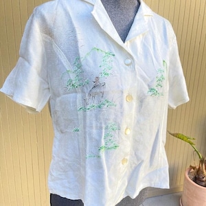 1940s Hand Painted Blouse Button Up Vintage Shirt M