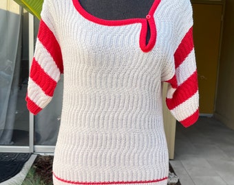 Vintage 80s Keyhole Knit Top Red/White Sweater Shirt Size Medium