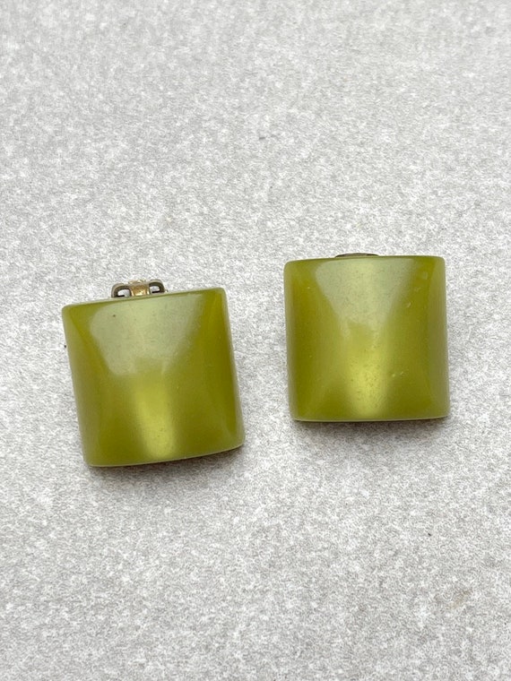 Green Moonglow Square Earrings Vintage Clip Ons