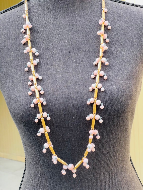 60s Gold Cylinder Pink Glass Ball Beaded Link Vin… - image 4