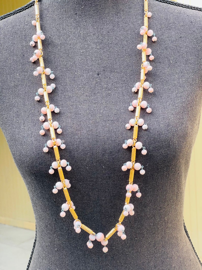 60s Gold Cylinder Pink Glass Ball Beaded Link Vintage Necklace Convertible Belt image 4