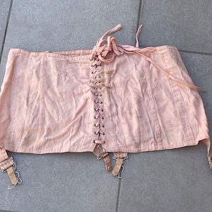 1950s Corset w/ Metal Garters Lace Up Pink Girdle Vintage Lingerie L/XL