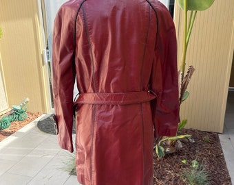 70s VINTAGE THE GENUINE LEATHER 本革 ジャケット 70s Oxblood Leather Long Belted Vintage Jacket Woven Collar