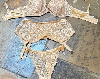 Natori Bra 36C Thong Panty Small Suspender Garter Belt Medium Gold Lace  Lingerie Set - Etsy
