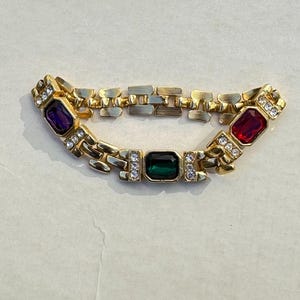 Gold Panther Link Jewel Tone Rhinestone Gems Vintage Bracelet