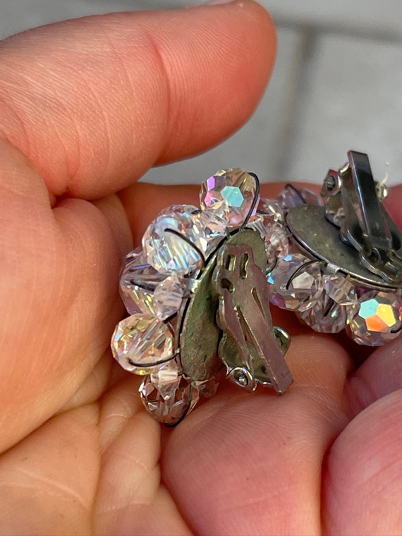AB Crystal Flower Cluster Vintage Clip On Earrings - image 6