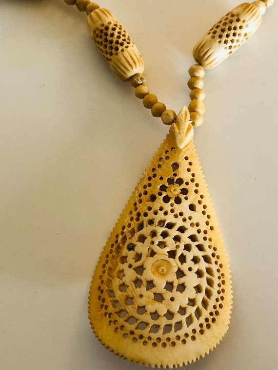 Carved Mandala Teardrop Pendant Vintage Wood Bead… - image 2