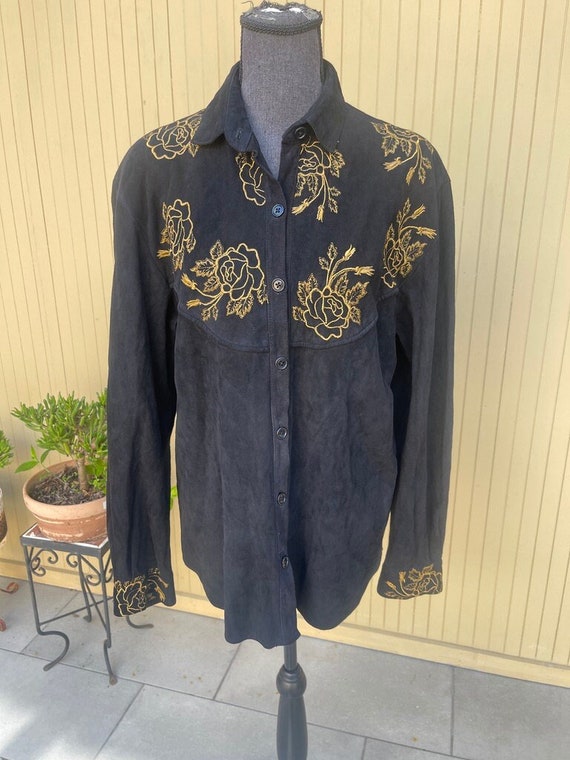 Suede Western Shirt Gold Embroidered Roses Medium - image 1