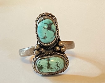 Sterling Turquoise Double Stone Large Silver Vintage Ring Size 10