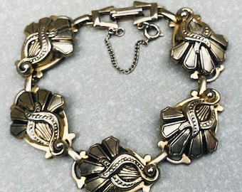 Vintage silver panel bracelet with safety chain