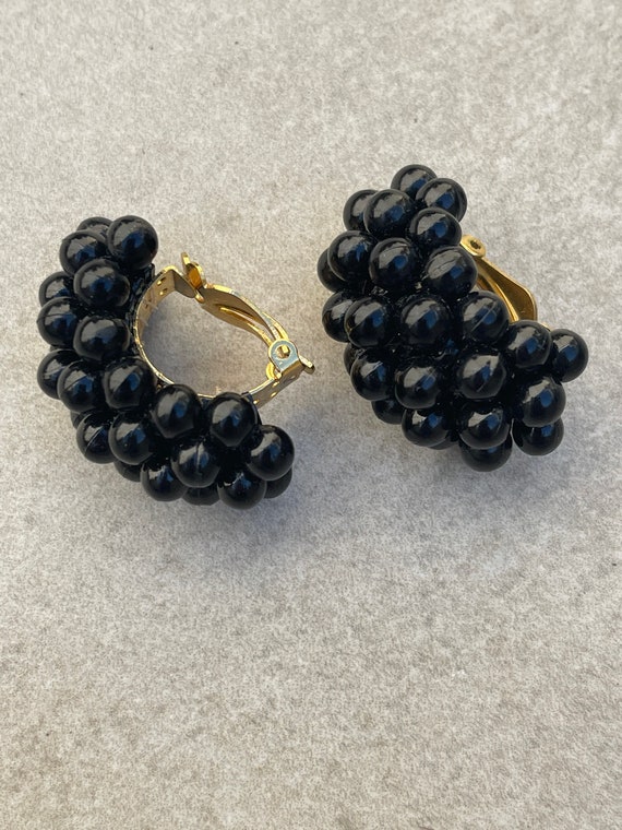 Black cluster beaded vintage clip on earrings