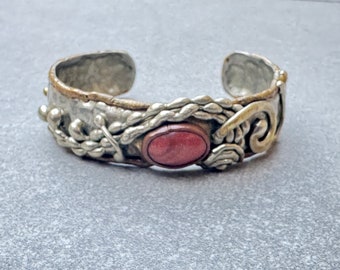 Brutalist Mixed Metals Vintage Cuff Bracelet Goldstone Cab