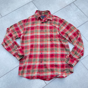 Lands End Flannel Button Up Plaid Long Sleeve Cotton Shirt Large