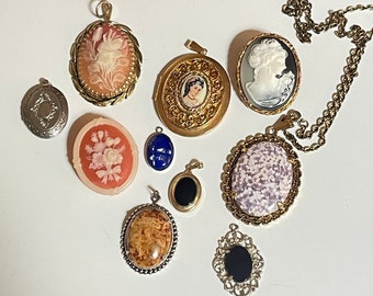 Cameo Lockets Vintage Pendant Necklace Lot of 10