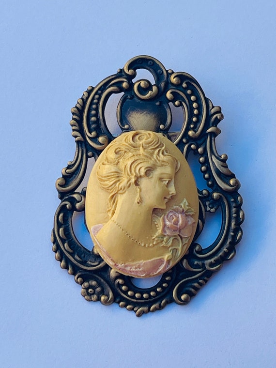 Cameo Brooch Vintage Ornate Bronze Pin