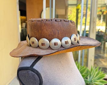Vintage Leather Cowboy Hat W/ Silver Conchos and Whipstitching