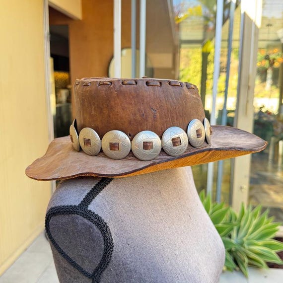 Vintage Leather Cowboy Hat W/ Silver Conchos and  display picture 2