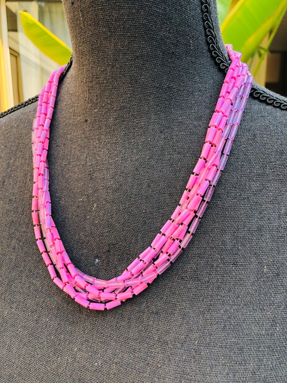 Tubular Pink Beaded Multi Strand  Vintage Necklace - image 4