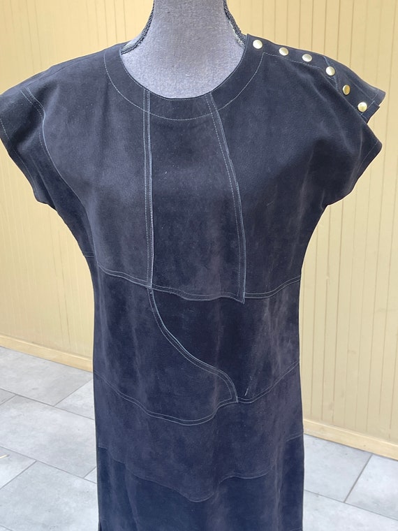 Black Leather Dress Vintage 70s Suede Shift Dress… - image 2