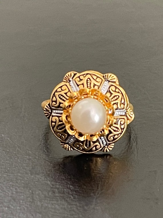 Damascene Pearl Adjustable Vintage Ring - image 1