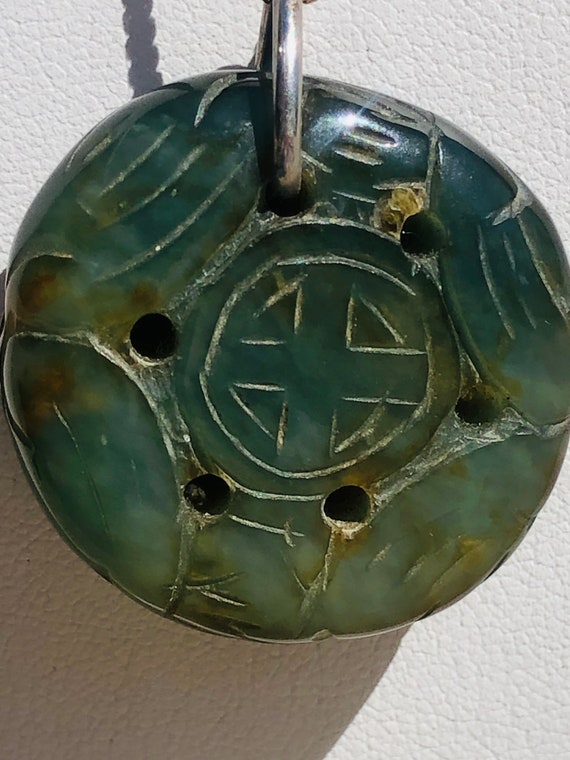 Carved Green Jade Pendant Circle Medallion Stone B