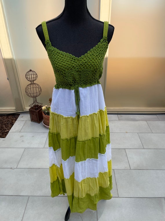 70s crochet maxi dress long tiered vintage M/L - image 7