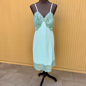 70s Blue Full Slip Dress w/ Lace Vintage Lingerie Size 36