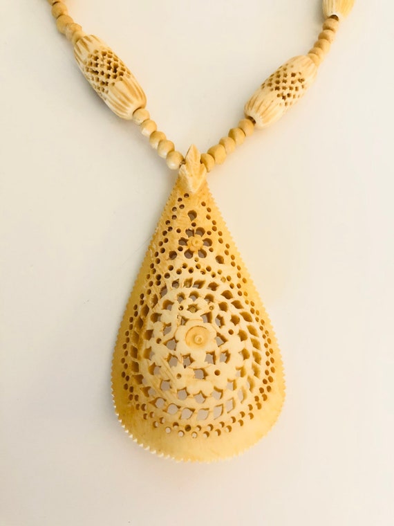 Carved Mandala Teardrop Pendant Vintage Wood Bead… - image 3