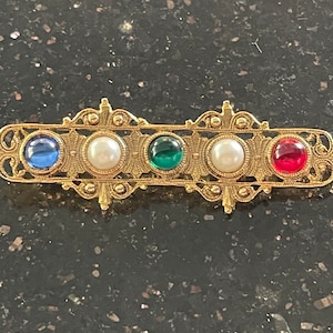 Gripoix Glass Cabochon Gold Bar Pin Long Vintage Brooch