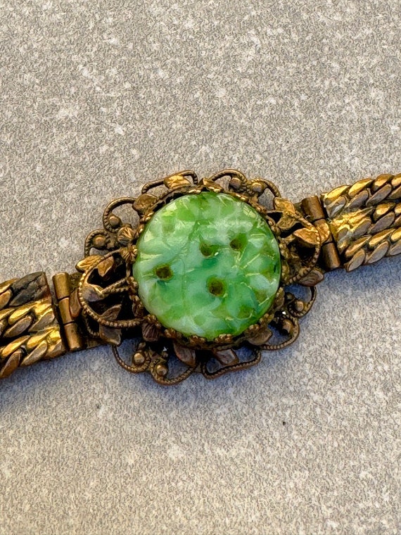 Peking Glass Carved Jade Green Ornate Vintage Brac