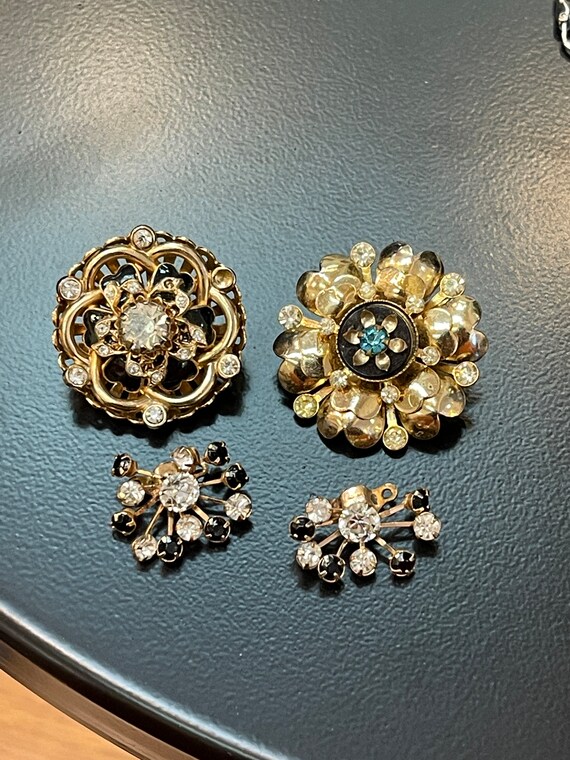 Vintage Clear/Black Rhinestone Brooch Lot Gold Fl… - image 2