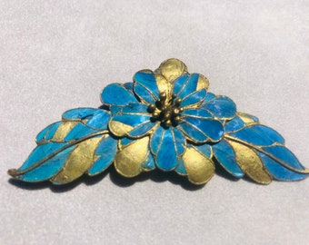 Antique Chinese Kingfisher Feathers Inlaid Gilt Flower Brooch