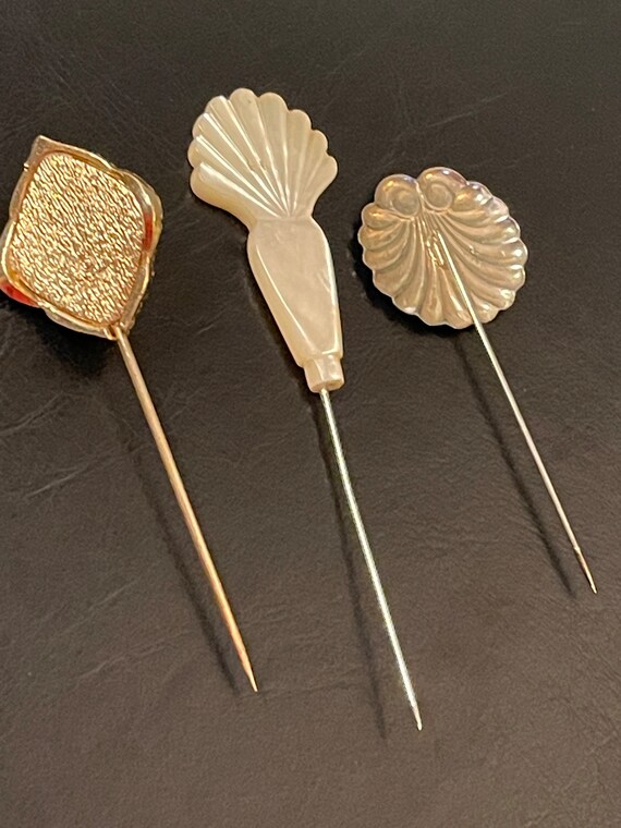 Vintage Hat Stick Pins Victorian Mother Of Pearl Silv… Gem