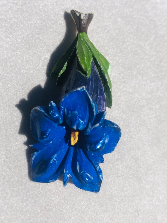 30s Celluloid Art Deco Vintage Blue Flower Brooch - image 4