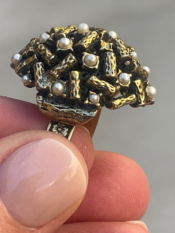 Adjustable Brass Dome Ring Tiny Faux Pearls