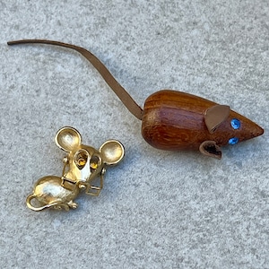 Mouse Pins Lot of 2 Vintage Mice Brooches Gold Wood