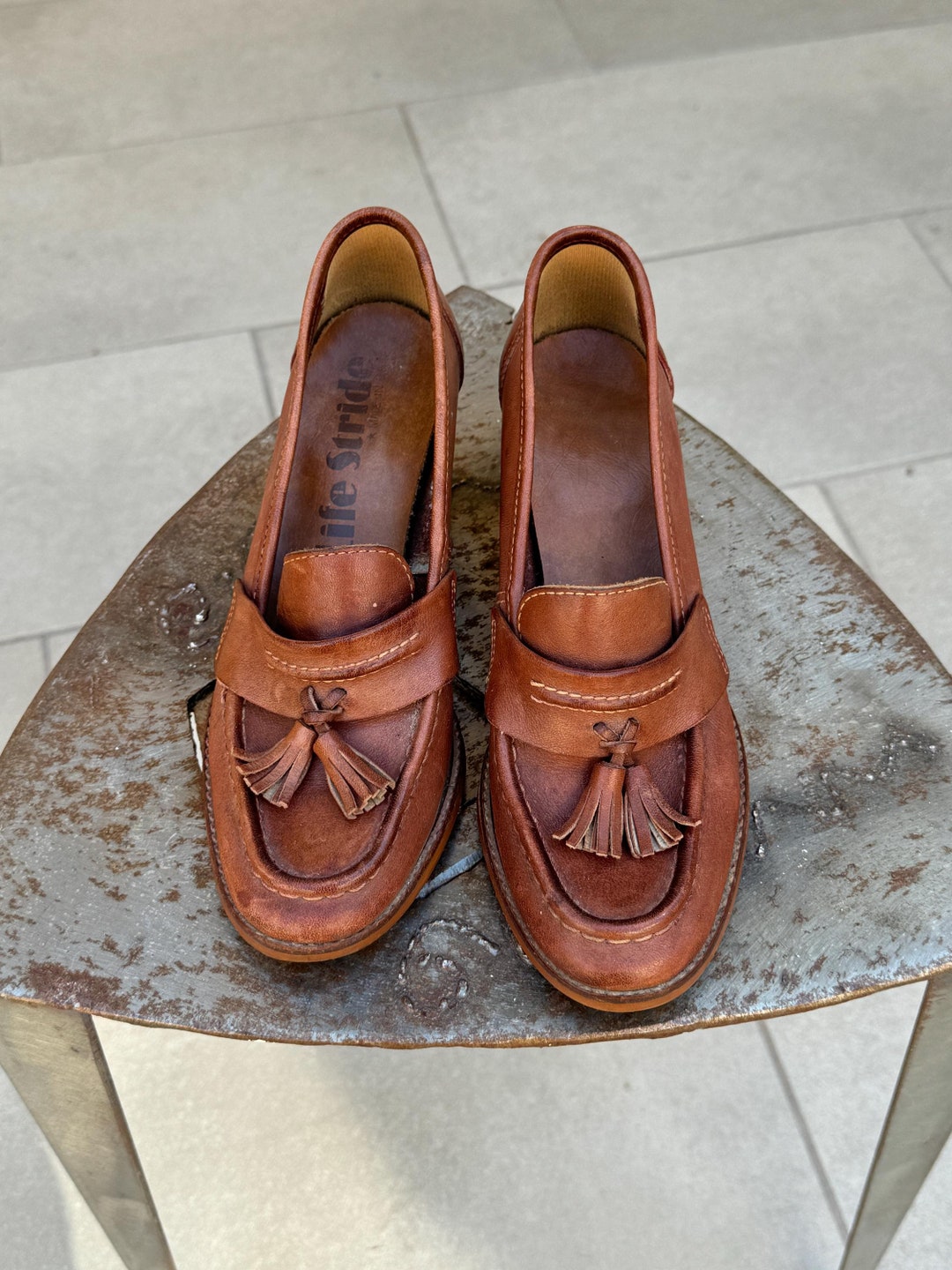 70s Life Stride Leather Loafer Chunky Heel Vintage Pumps With