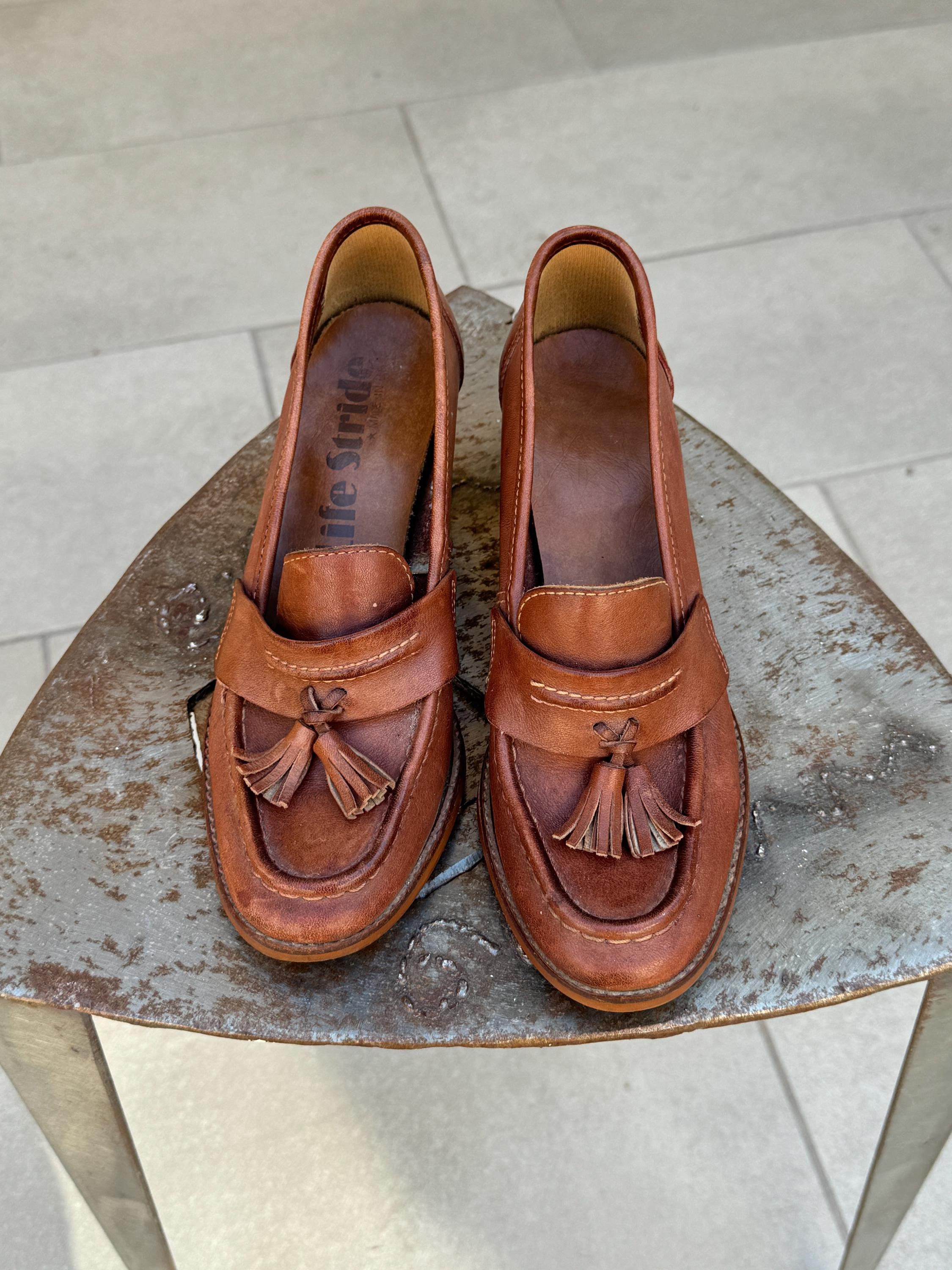 靴 Vintage 70s Italy Made Leather Loafers Vintage 70s Chunky Heel Leather Fringe Platform Loafers