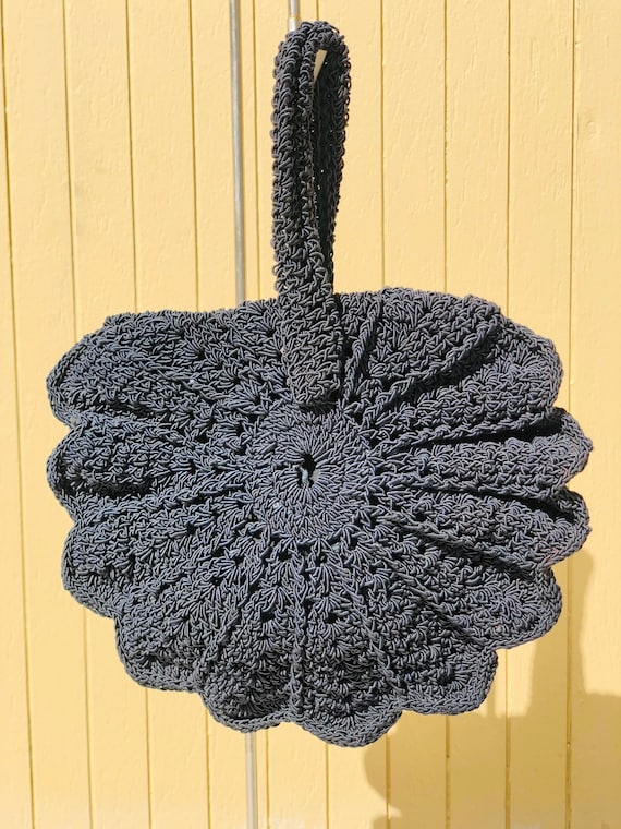 Black crochet cord fan purse vintage wristlet