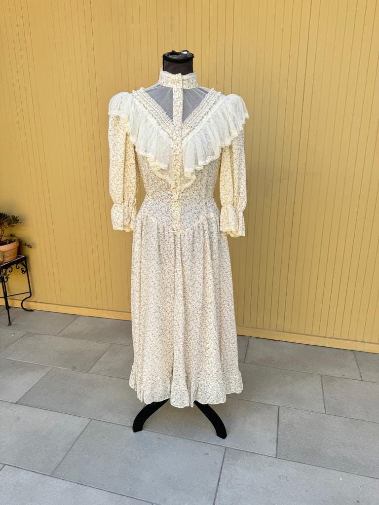 70s Victorian Prairie Dress: Act 1 Lace Ruffles, Cottagecore Maxi
