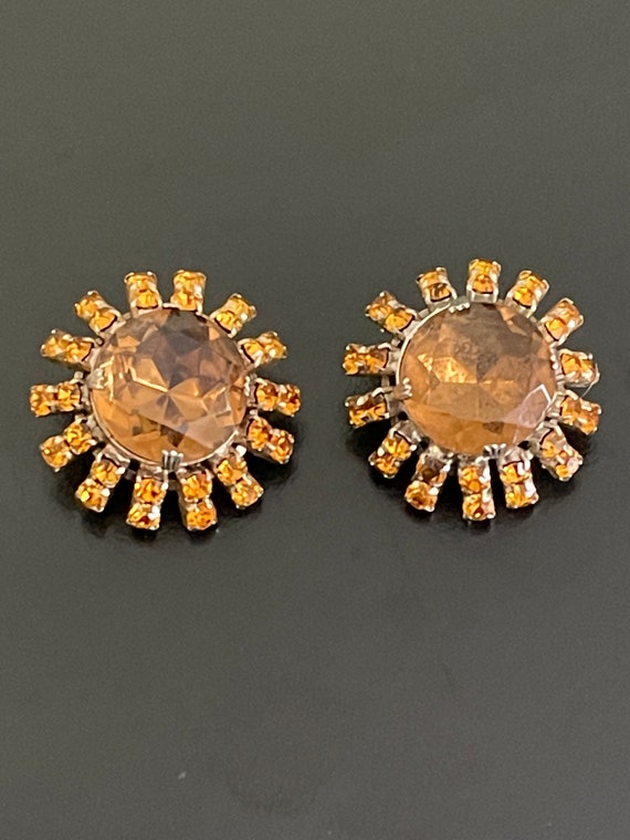Vintage Large Orange Sunburst Rhinestone Earrings - image 1