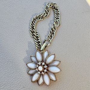 Milk Glass Flower Gold Chain Link Charm Bracelet